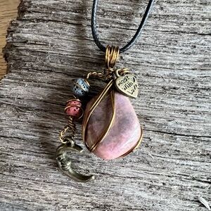 Handcrafted Pink Stone Pendant Necklace With Crescent Moon